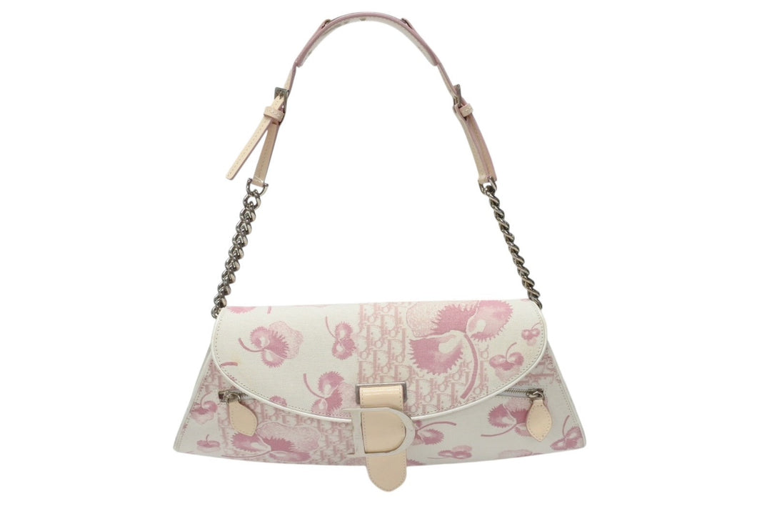 CHRISTIAN DIOR クリスチャンディオール トロッターライン ショルダーバッグ BO N 1024 ホワイト ピンク シルバー金具 美品 中古 4b004228