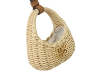 画像をギャラリービューアに読み込む, 極美品 MIUMIU ミュウミュウ ウィッカー トリック バッグチャーム ロゴ ミニ レザー ベージュ ブラウン ゴールド金具 中古 4b004355