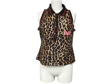 DOLCE&GABBANA ドルチェアンドガッバーナ ポロシャツ ノースリーブ D＆Gロゴ レオパード ブラウン 美品 中古 4b004362