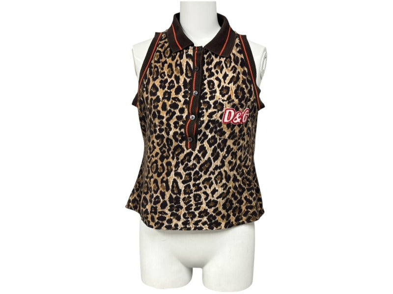 DOLCE&GABBANA ドルチェアンドガッバーナ ポロシャツ ノースリーブ D＆Gロゴ レオパード ブラウン 美品 中古 4b004362