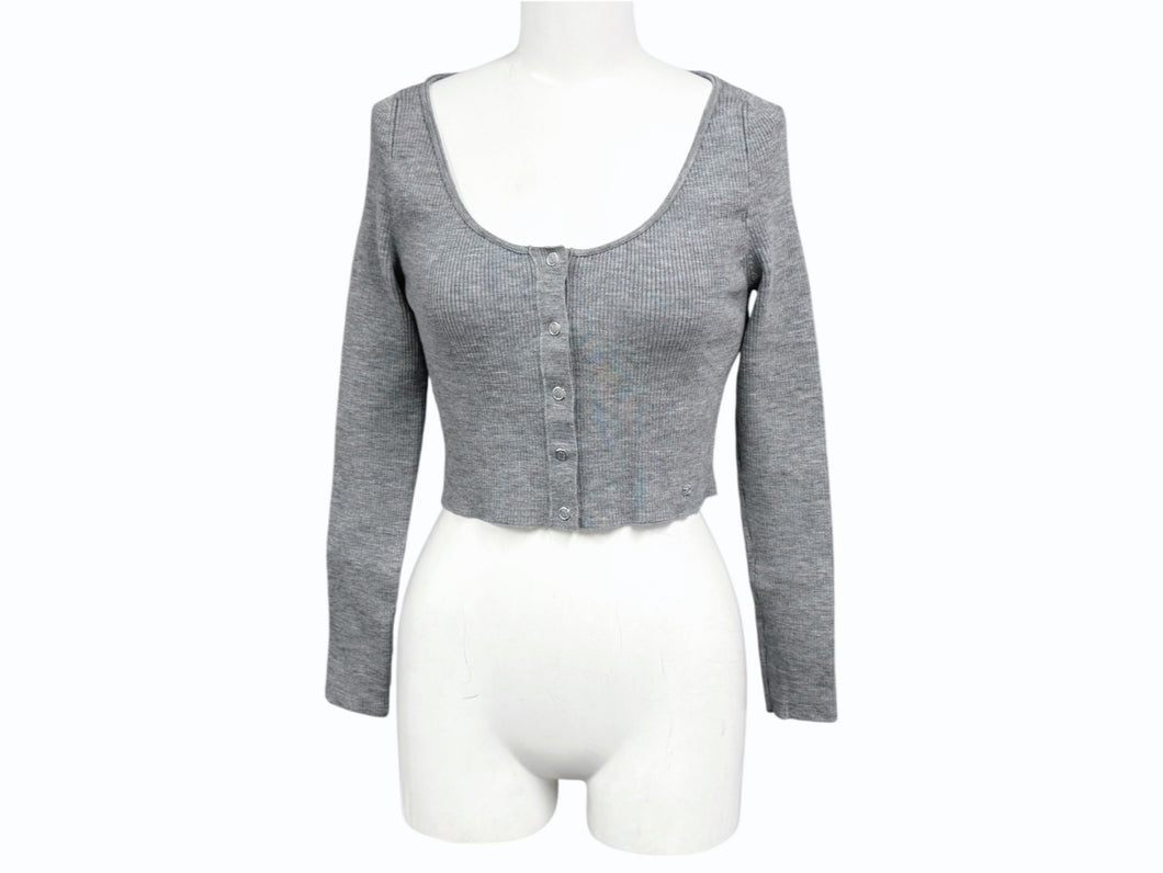 極美品 CELINE セリーヌ クロップド カーディガン トップス 2A67S237P サイズXS 刺繍ロゴ ニット グレー 中古 4b004453
