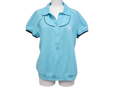 CELINE セリーヌ 半袖ポロシャツ トップス 2 9A14 サイズXL ブルー ブラウン ホワイト ロゴ刺繍 美品 中古 4b004473
