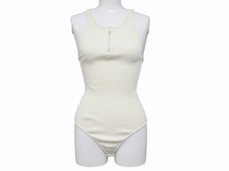 CELINE セリーヌ ボディスーツ トップス 2A08V372N ハーフジップ サイドロゴ コットンリブ アイボリー 美品 中古 4b004935