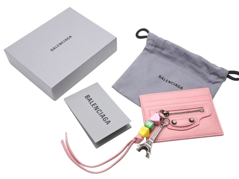 新品同様 BALENCIAGA バレンシアガ Le City ルシティ パスケース カードホルダー チャーム付き 2000008574198 ラムスキン ピンク 中古 4b005002