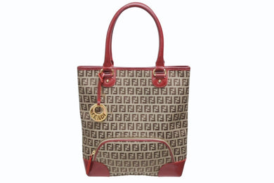 FENDI フェンディ ズッキーノ トートバッグ ハンドバッグ 8BH139 レザー キャンバス ベージュ レッド ゴールド金具 美品 中古 4b005139