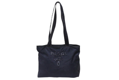 PRADA プラダ トートバッグ ハンドバッグ ロゴ スパンコール イタリア製 ナイロン ネイビー 良品 中古 4b005149