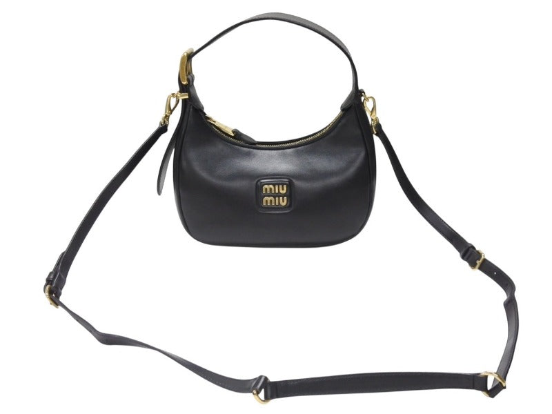 極美品 MIUMIU ミュウミュウ ショルダーバッグ ハンドバッグ ホーボー 2way 5BC161 レザー ブラック ゴールド金具 中古 4b005170