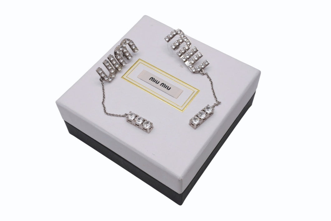 MIUMIU ミュウミュウ ピアス ぶら下がり 両耳 ラインストーン ブランドロゴ 5JO661 2DNC F0OKL 16.1g 美品 中古 4b005184