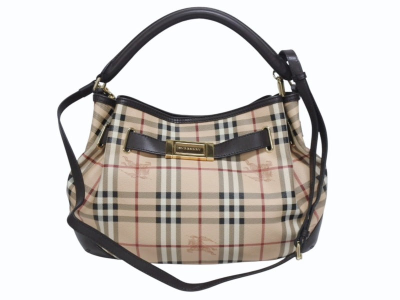 BURBERRY バーバリー ノバチェック 2WAY ハンドバッグ ベージュ ブラウン PVC レザー ショルダー 3742238 ゴールド金具 美品 中古 4b005299