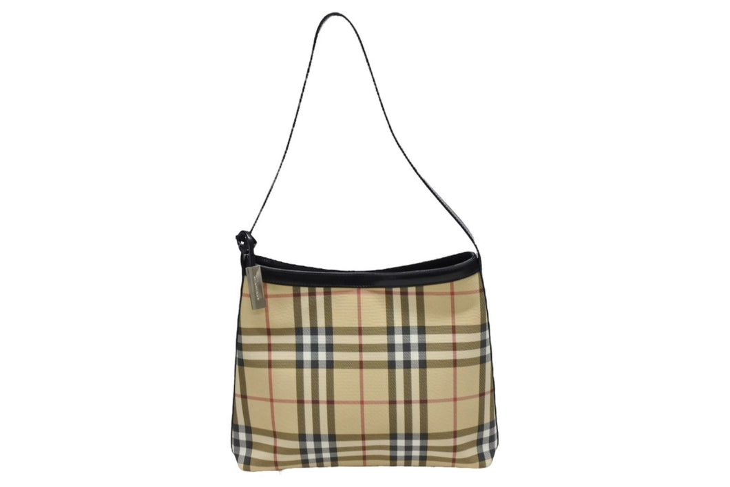 極美品 BURBERRY バーバリー ノヴァチェック 2000年代 ワンショルダーバッグ PVC レザー ベージュ ブラック シルバー金具 中古 4b005309