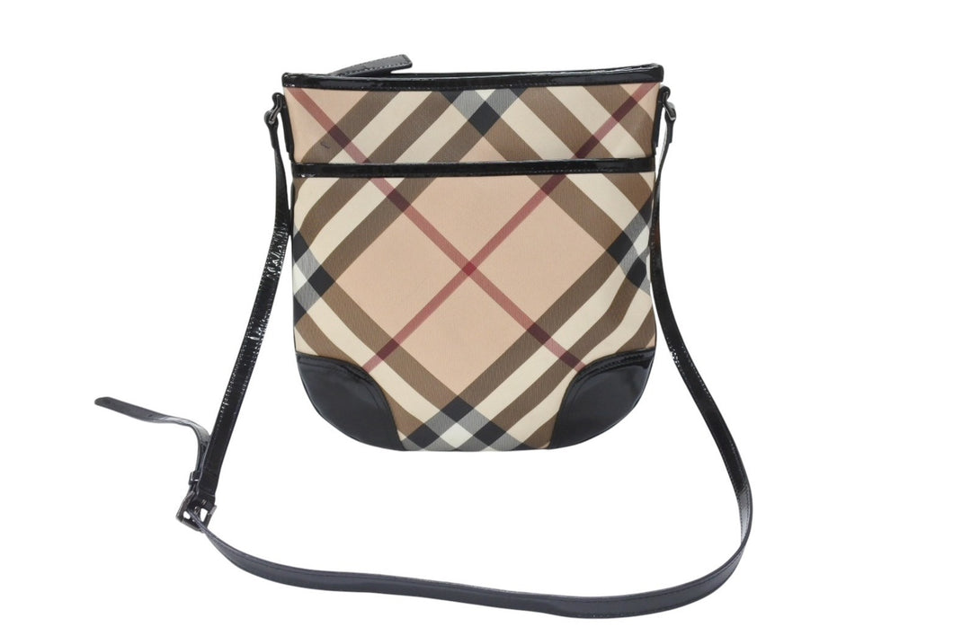 BURBERRY バーバリー ショルダーバッグ チェック柄 ベージュ ブラック 黒 パテントレザー 3800998 美品 中古 4b005310
