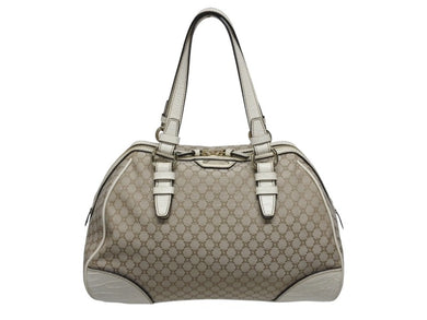 CELINE セリーヌ マカダム柄 ハンドバッグ ミニボストンバッグ ベージュ ホワイト キャンバス レザー 型押し シルバー金具 美品 中古 4b005321