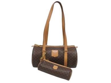 CELINE セリーヌ マカダム ワンショルダーバッグ ポーチ付き ボストンバッグ ハンドバッグ ロゴ PVC レザー ブラウン ゴールド 美品 中古 4b005332