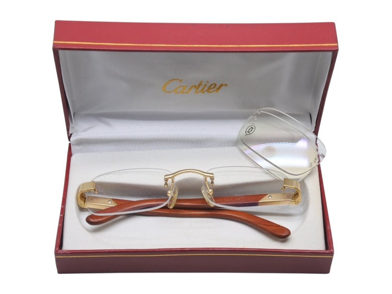 CARTIER カルティエ ウッドテンプル リムレスメガネ T8100433 ブラウン ウッド GP ゴールド金具 美品 中古 4b005371