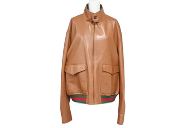 極美品 GUCCI グッチ ウェアレザー ボンバージャケット シェリーライン サイズ50 ブラウン レザー 中古 4b005375