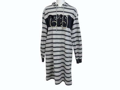HERMES エルメス プルオーバーフーディー パーカー サイズ34 プリント グレー ボーダー柄 ロング丈 美品 中古 4b005539
