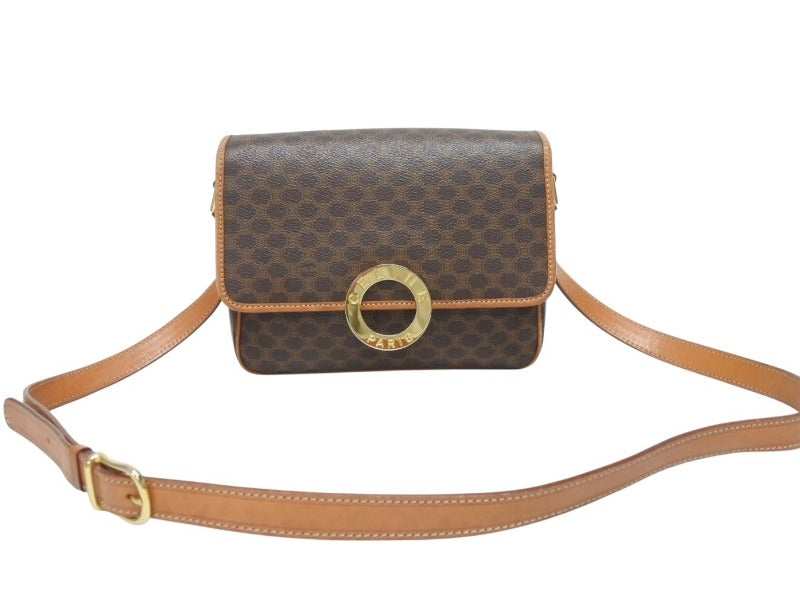 CELINE セリーヌ マカダム デカサークル金具 フラップ ショルダーバッグ M13 イタリア製 ブラウン ゴールド金具 美品 中古 4b005605