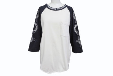 CHROME HEARTS クロムハーツ ラグラン 七分袖Tシャツ サイズM ホワイト ブラック ネックロゴ オールドクロス ホースシュー 良品 中古 4b005660