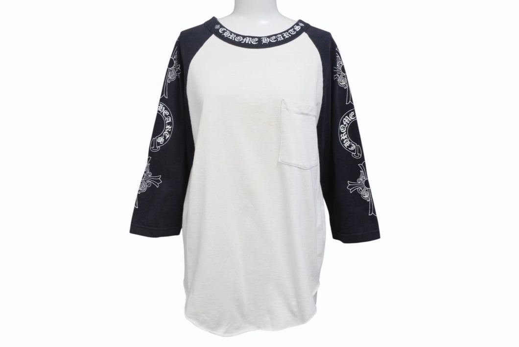 CHROME HEARTS クロムハーツ ラグラン 七分袖Tシャツ サイズM ホワイト ブラック ネックロゴ オールドクロス ホースシュー 良品 中古 4b005660