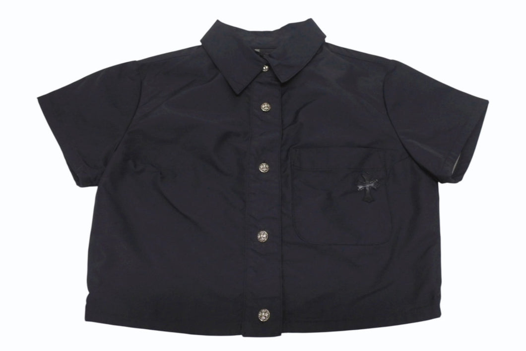 CHROME HEARTS クロムハーツ クロスパッチ付き クロスボールボタン ナイロン半袖シャツ ブラック サイズXS 美品 中古 4b005692