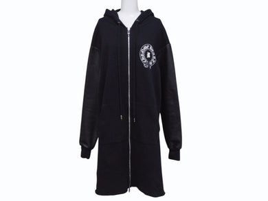 CHROME HEARTS × Bella Hadid クロムハーツ ベラハディッド イニシャルパッチロゴ ダガージップ レザー切り替えロング丈パーカー ブラック サイズXS 美品 中古 4b005693