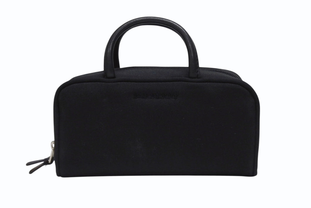 極美品 BURBERRY バーバリー ロゴ 化粧ポーチ ミニハンドバッグ コットン レザー ブラック シルバー金具 中古 4b005795