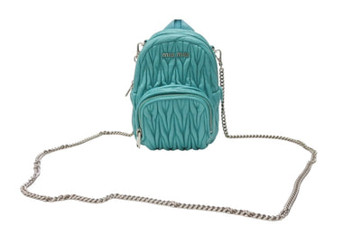 MIUMIU ミュウミュウ マイクロリュック チェーンショルダーバッグ マテラッセ ラムスキン ターコイズブルー シルバー金具 美品 中古 4b005851