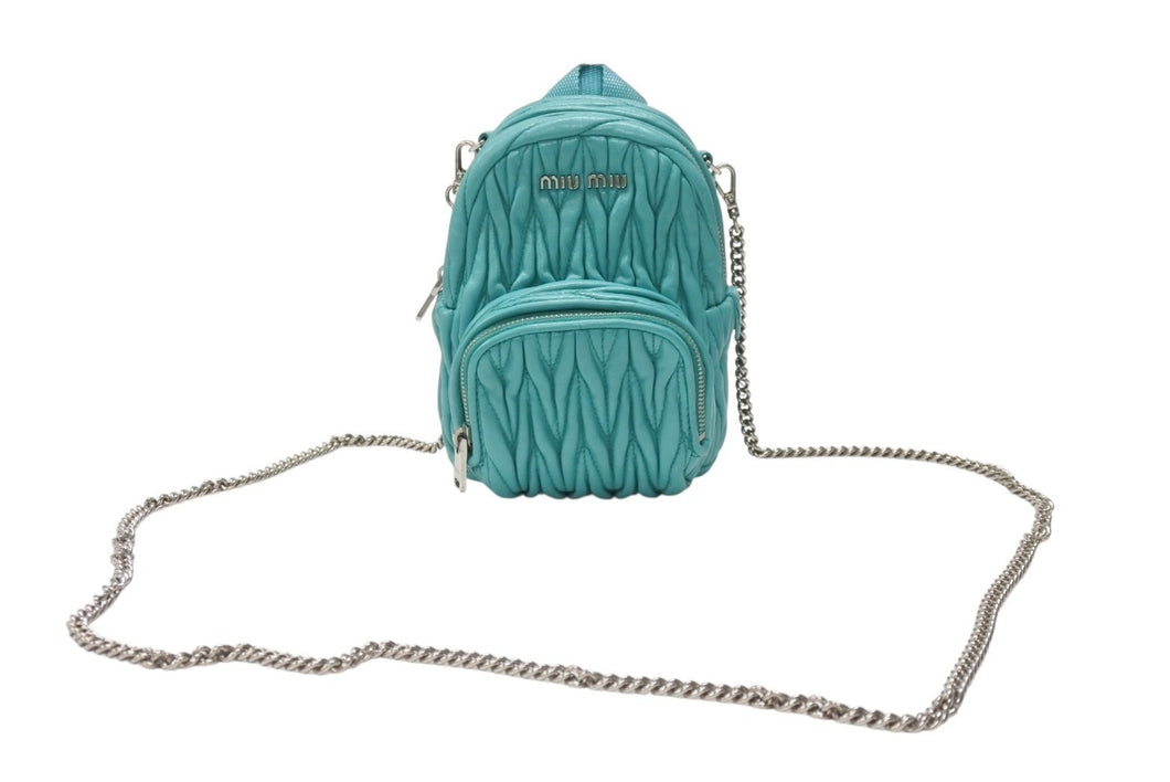MIUMIU ミュウミュウ マイクロリュック チェーンショルダーバッグ マテラッセ ラムスキン ターコイズブルー シルバー金具 美品 中古 4b005851