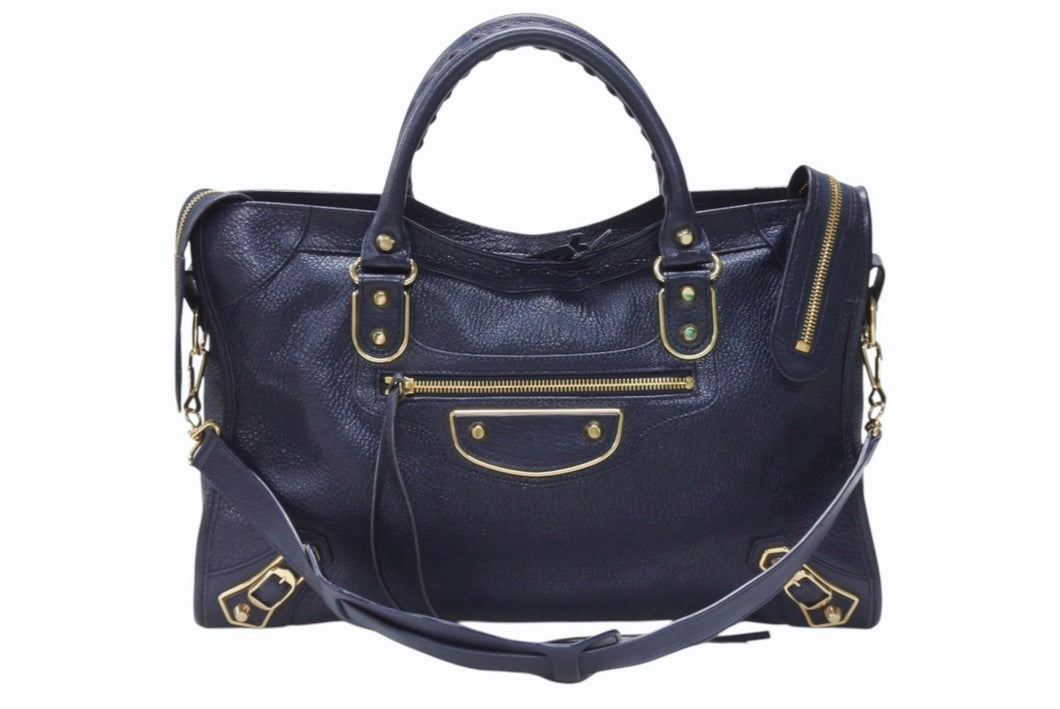 BALENCIAGA バレンシアガ クラシック メタリック エッジ シティ 2WAY ショルダーバッグ 390154 ネイビー ゴールド金具 美品 中古 4b005865