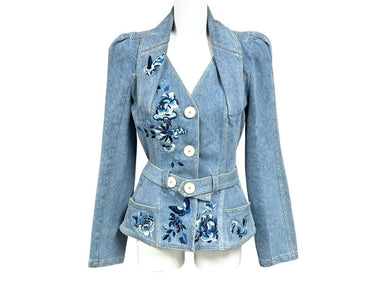 CHRISTIAN DIOR BOUTIQUE クリスチャンディオール フローラル バタフライ 刺繍 ジャケット 5A12022240 デニム ブルー サイズ36 美品 中古 4b005872