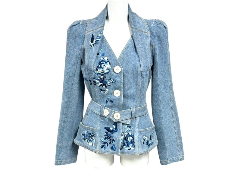 CHRISTIAN DIOR BOUTIQUE クリスチャンディオール フローラル バタフライ 刺繍 ジャケット 5A12022240 デニム ブルー サイズ36 美品 中古 4b005872