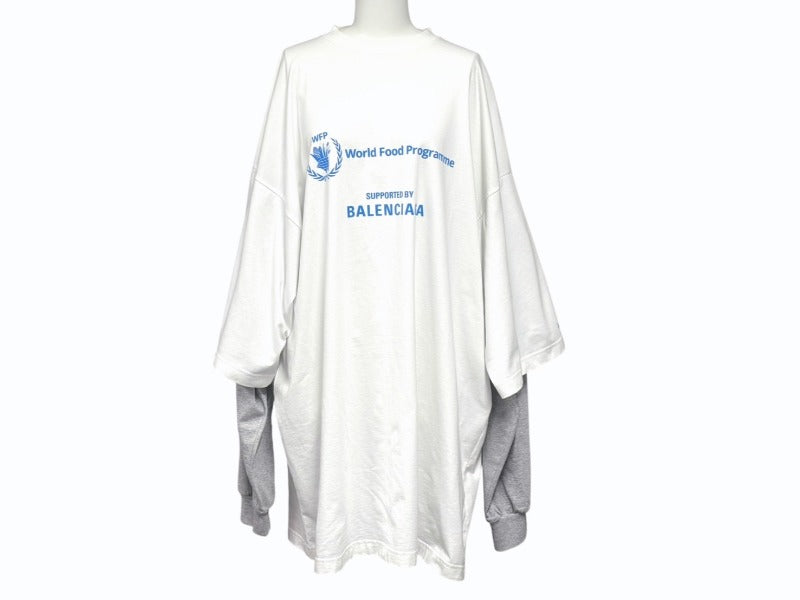 極美品 BALENCIAGA バレンシアガ Food Holiday Two Piece Long Sleeved Shirt プリントロゴレイヤード長袖Tシャツ 698089 TMVL2 ホワイト サイズ3 中古 4b005873