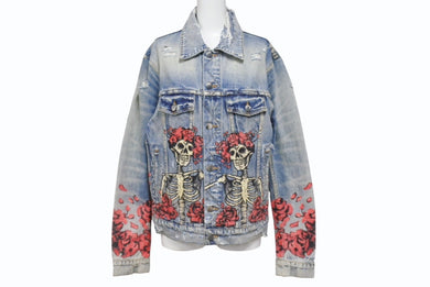 極美品 AMIRI アミリ GRATEFUL DEAD skull rose スカルデザインペイントデニムジャケット YZERR着用 ブルー マルチカラー サイズM 中古 4b005884