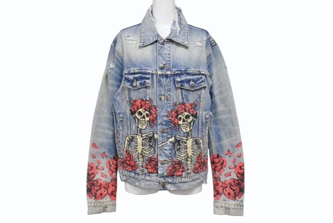 極美品 AMIRI アミリ GRATEFUL DEAD skull rose スカルデザインペイントデニムジャケット YZERR着用 ブルー マルチカラー サイズM 中古 4b005884