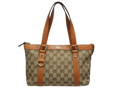 極美品 GUCCI グッチ アビーライン ハンドバッグ GGキャンバス レザー 総柄 キャラメルブラウン 中古 4b006033