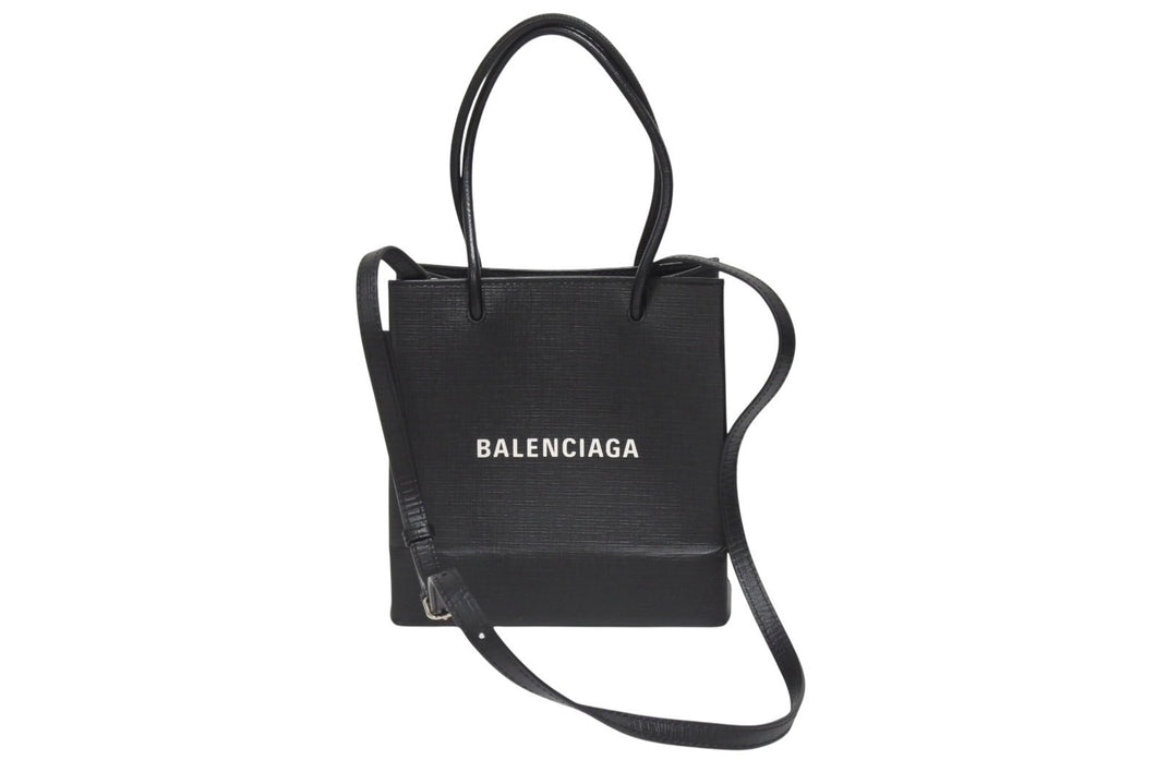 BALENCIAGA バレンシアガ ショッピングトートXXS 2WAY ショルダーバッグ ブラック レザー 597858 ロゴ シルバー金具 美品 4b006190 正規品