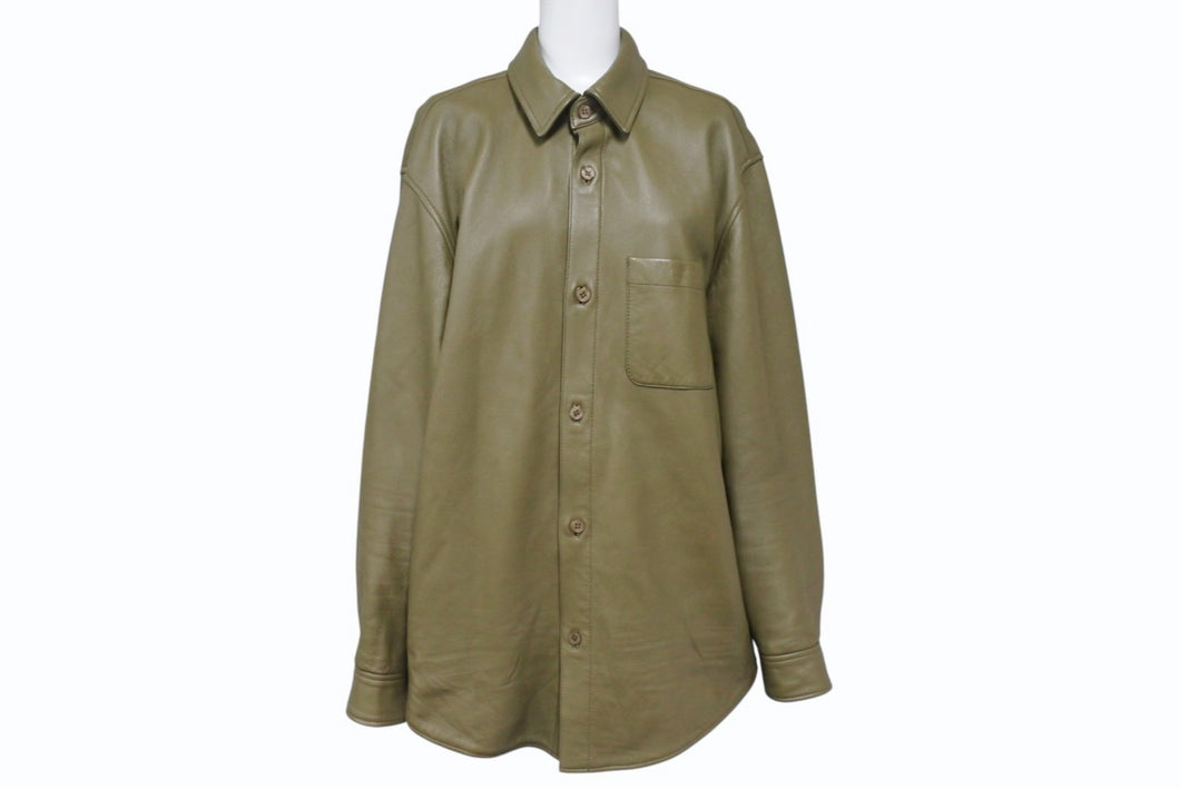 極美品 SUPREME シュプリーム Leather Shirt レザーシャツ 長袖 ジャケット レザー ポリエステル カーキ サイズM 中古 4b006214