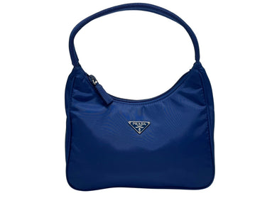 極美品 PRADA プラダ ホーボー ハンドバッグ トライアングルロゴ 三角プレートロゴ ブルー ナイロン シルバー金具 イタリア製 中古 4b006248