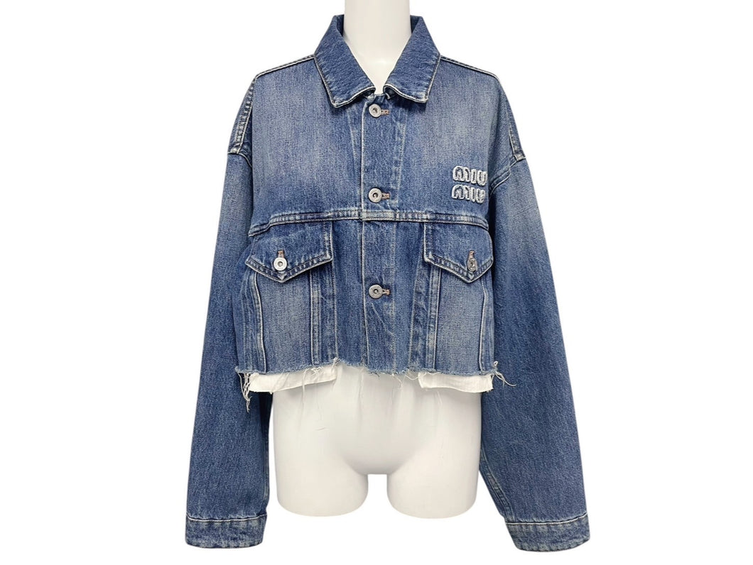 MIUMIU ミュウミュウ デニム ブルゾン ジャケット ブルー ロゴ クロップド コットン アウター GWB148 サイズ40 美品 中古 4b006252