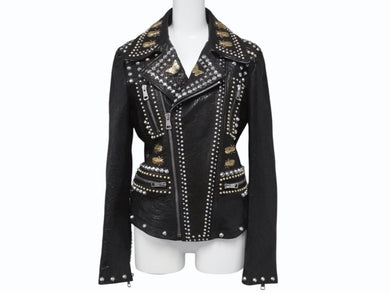 極美品 GUCCI グッチ ダブルライダースジャケット スタッズ 刺繍 シープスキン ブラック サイズ38 中古 4b006347