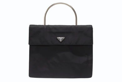 PRADA プラダ ハンドバッグ トライアングルロゴ B7003 メタルハンドル テスート ブラック 美品 中古 4b006760