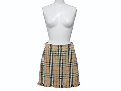極美品 BURBERRY バーバリー ミニスカート ヴィンテージチェック フリンジ 8063228 コットン ヴァージンウール ポリミアド サイズ38 中古 4b006902