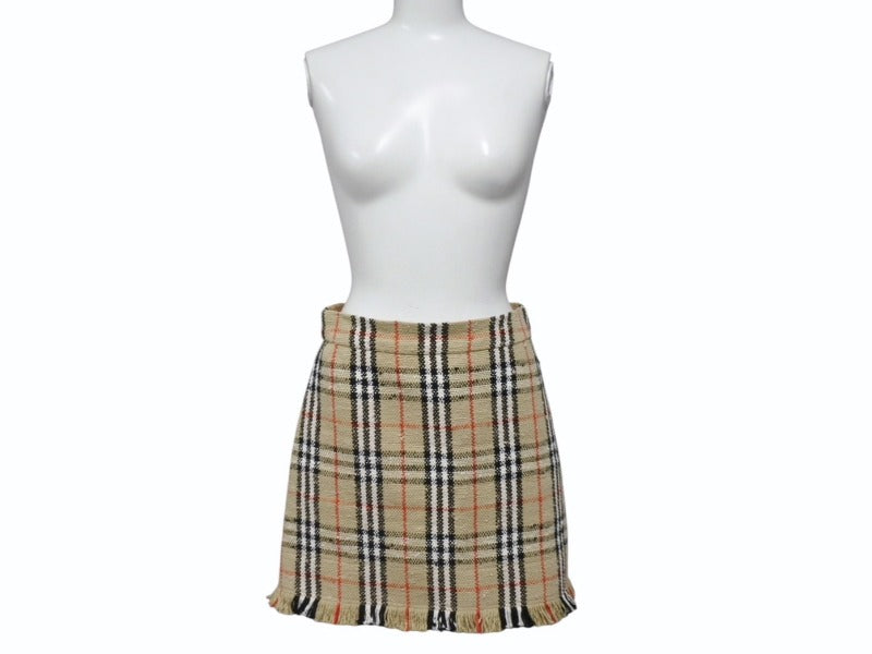極美品 BURBERRY バーバリー ミニスカート ヴィンテージチェック フリンジ 8063228 コットン ヴァージンウール ポリミアド サイズ38 中古 4b006902