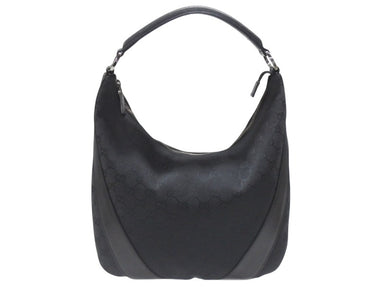 GUCCI グッチ ショルダーバッグ ホーボー ブラック シルバー金具 GGキャンバス レザー レディース 美品 中古 4b006930