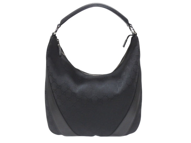 GUCCI グッチ ショルダーバッグ ホーボー ブラック シルバー金具 GGキャンバス レザー レディース 美品 中古 4b006930