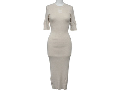 MIUMIU ミュウミュウ 23SS コットン ニットドレス MMA795 サイズ36S ベージュ リブニット ブランドロゴ 美品 中古 4b006948