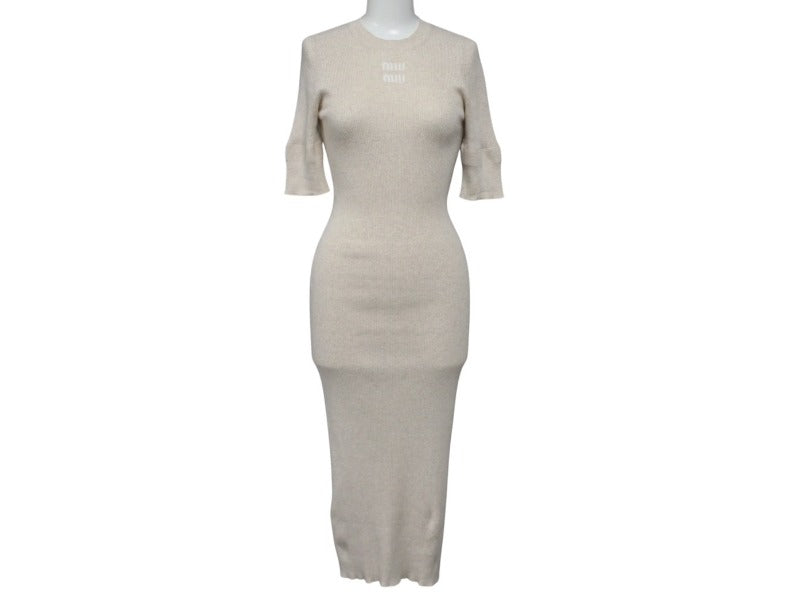 MIUMIU ミュウミュウ 23SS コットン ニットドレス MMA795 サイズ36S ベージュ リブニット ブランドロゴ 美品 中古 4b006948