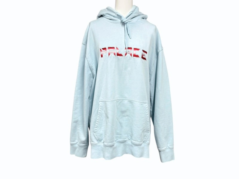 PALACE パレス パーカー フーディ 刺繍ロゴ コットン ライトブルー レッド ロゴ刺繍 背面プリント サイズL 美品 中古 4b007032
