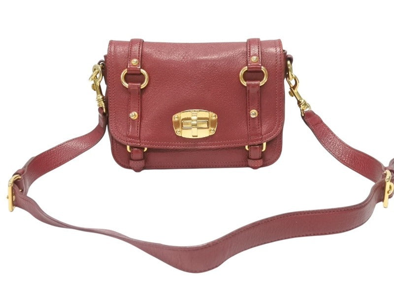 MIUMIU ミュウミュウ ショルダーバッグ セカンドバッグ 2WAYバッグ ボルドー レザー ロゴ金具 ゴールド金具 美品 中古 4b007138