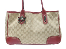 Load image into Gallery viewer, GUCCI グッチ トートバッグ ハンドバッグ 163305 213048 イタリア製 GGキャンバス レザー ベージュ レッド ゴールド金具 美品 中古 4b007169